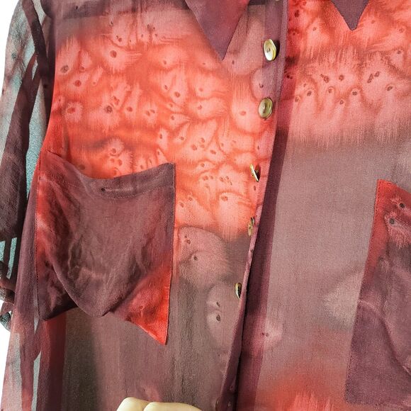 ZAPA Burgundy Sheer Button Up Blouse Womens Large? Artsy Whimsigoth Indie - Picture 4 of 9